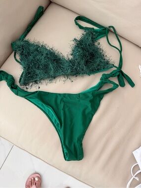Prima Donna Emerald Green Feather-Trim Bikini Set